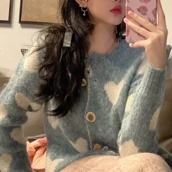 Cardigan sweater heart blue knit button womens winter thick sweater Long sleeve - Picture 5 of 9